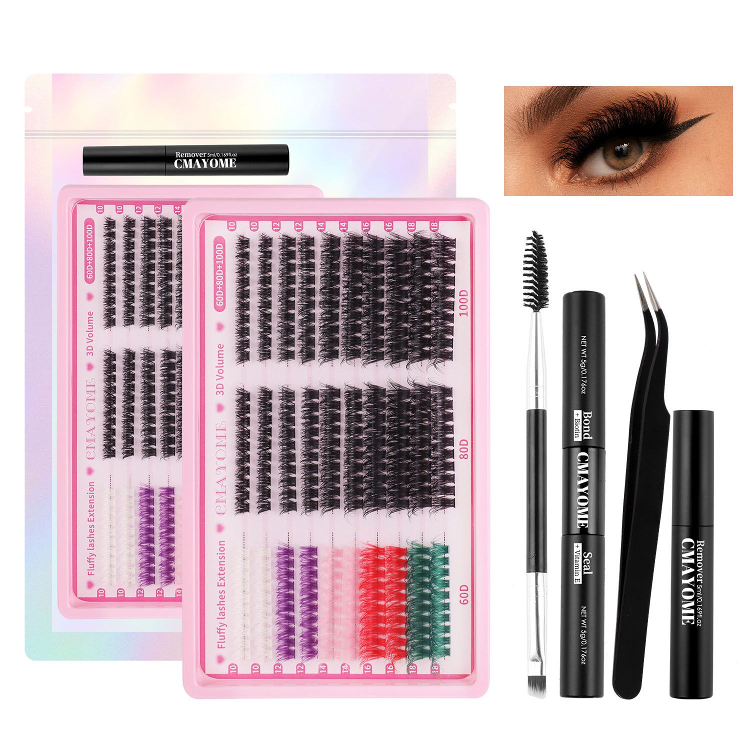 Lash Clusters Color, 300pc Fluffy Colored Lash Clusters with 100D-Curl Eyelashes Volume, DIY Extensions Kit for Home Salon & Waterproof Wear