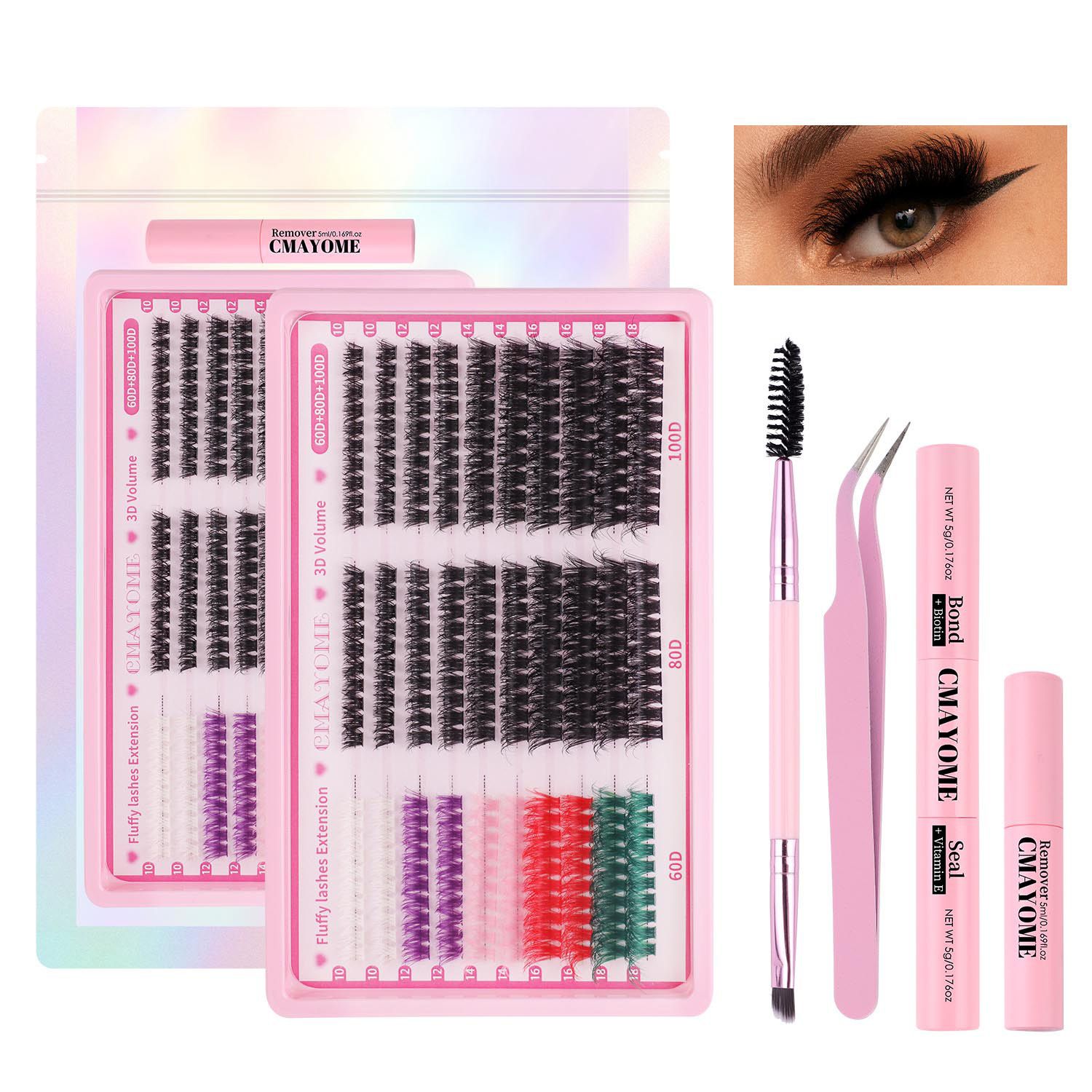 Lash Clusters Color, 300pc Fluffy Colored Lash Clusters with 100D-Curl Eyelashes Volume, DIY Extensions Kit for Home Salon & Waterproof Wear