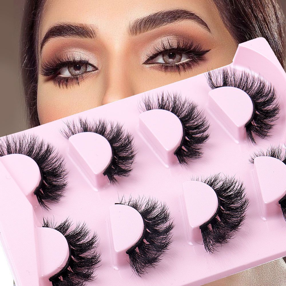8D Mink Lashes Fluffy False Eyelashes 17mm  4 Pairs  Thick Curl Eyelashes Dramatic Faux Mink Eyelashes Natural Look Cat Eye Volume Eye Lashes Multipack