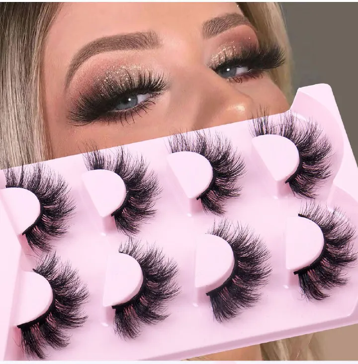 8D Mink Lashes Fluffy False Eyelashes 17mm  4 Pairs  Thick Curl Eyelashes Dramatic Faux Mink Eyelashes Natural Look Cat Eye Volume Eye Lashes Multipack
