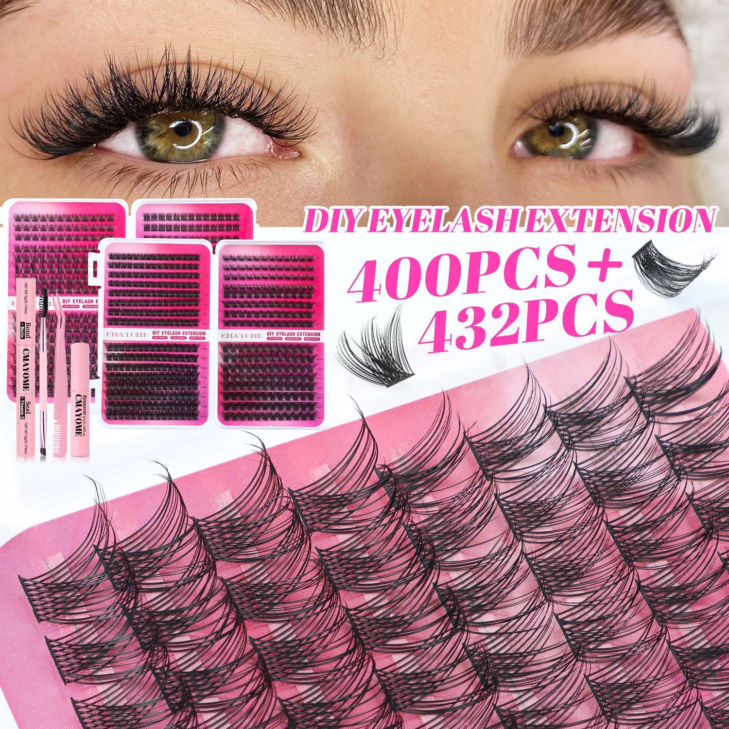 Individual Clusters Lash Extensions kit DIY 640pcs Dramatic Volume Eyelash Mixed Length (9-16mm 30D 40D 50D kit) Individual Lashes Kit Tray with Bond & Seal, Lash Tweezers