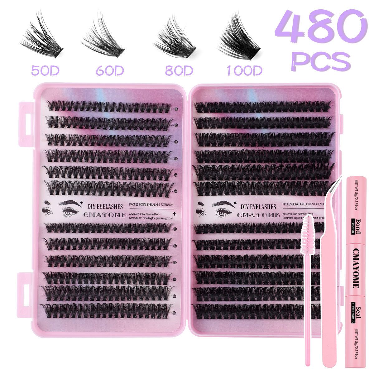 Lash Clusters Kit, 580 cluster Eyelashes Clusters Extensions Kit 9-16mm Individual Lashes D Curl Flufffy Wispy False Eyelashes Thin Band, with Bond Seal Tweezers Brush DIY (30D+40D+50D+60D Kit 9-16mm)