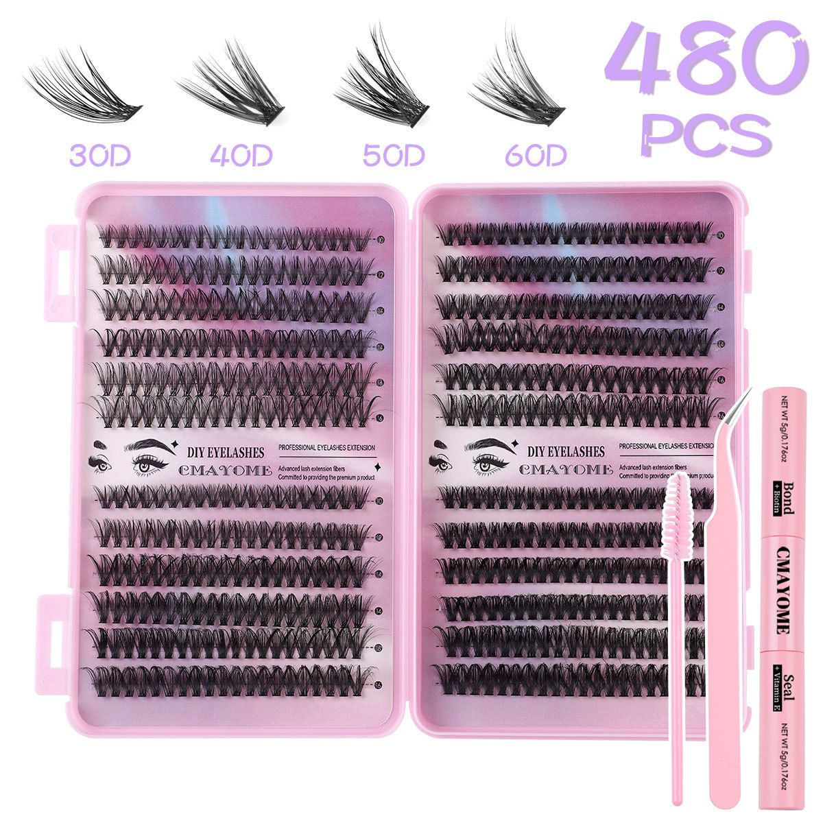 Lash Clusters Kit, 580 cluster Eyelashes Clusters Extensions Kit 9-16mm Individual Lashes D Curl Flufffy Wispy False Eyelashes Thin Band, with Bond Seal Tweezers Brush DIY (30D+40D+50D+60D Kit 9-16mm)