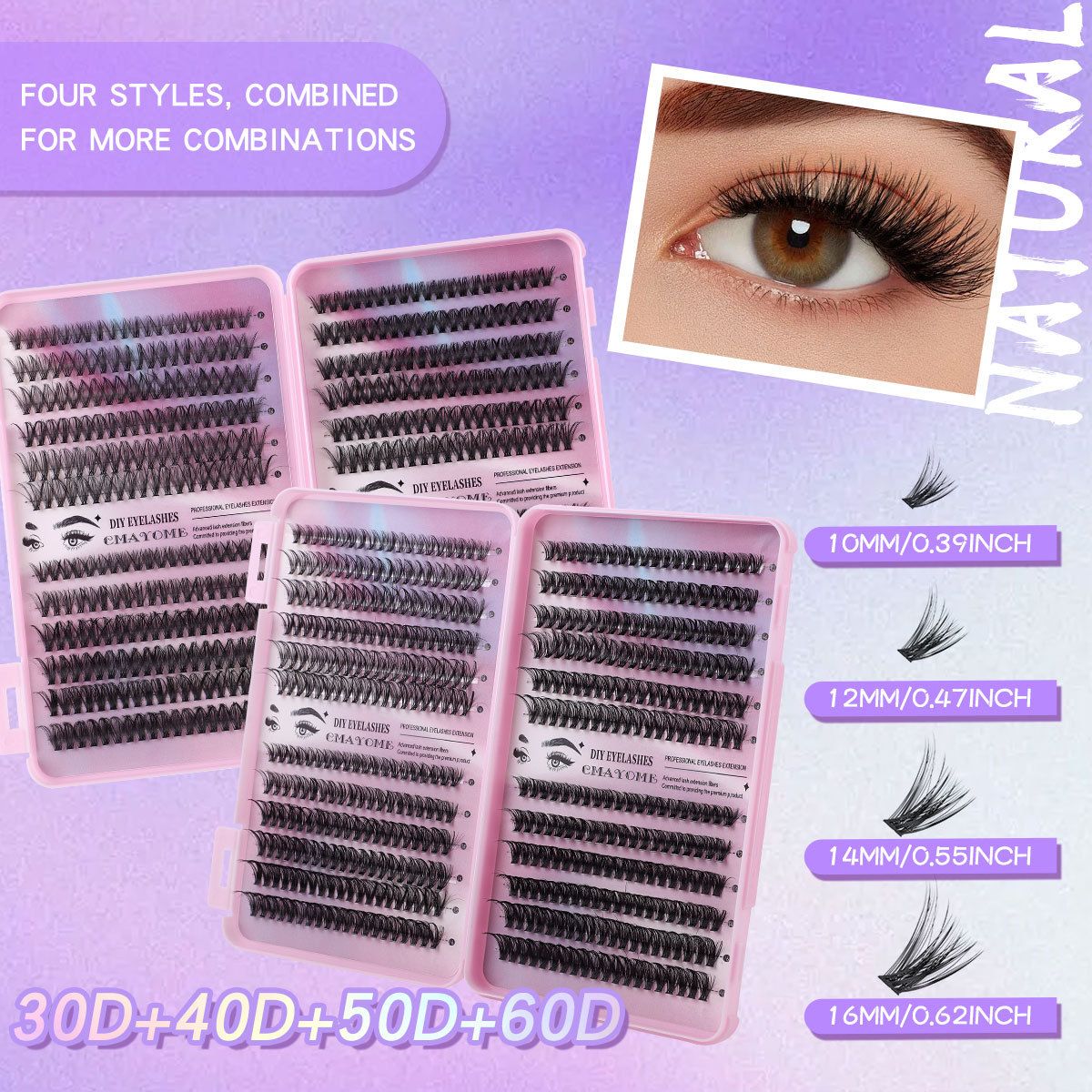 Lash Clusters Kit, 580 cluster Eyelashes Clusters Extensions Kit 9-16mm Individual Lashes D Curl Flufffy Wispy False Eyelashes Thin Band, with Bond Seal Tweezers Brush DIY (30D+40D+50D+60D Kit 9-16mm)