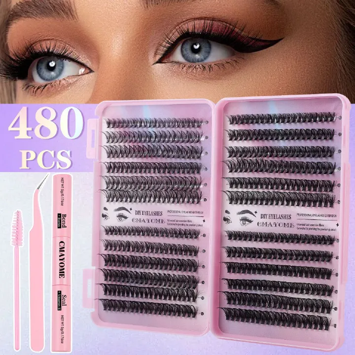 Lash Clusters Kit, 580 cluster Eyelashes Clusters Extensions Kit 9-16mm Individual Lashes D Curl Flufffy Wispy False Eyelashes Thin Band, with Bond Seal Tweezers Brush DIY (30D+40D+50D+60D Kit 9-16mm)