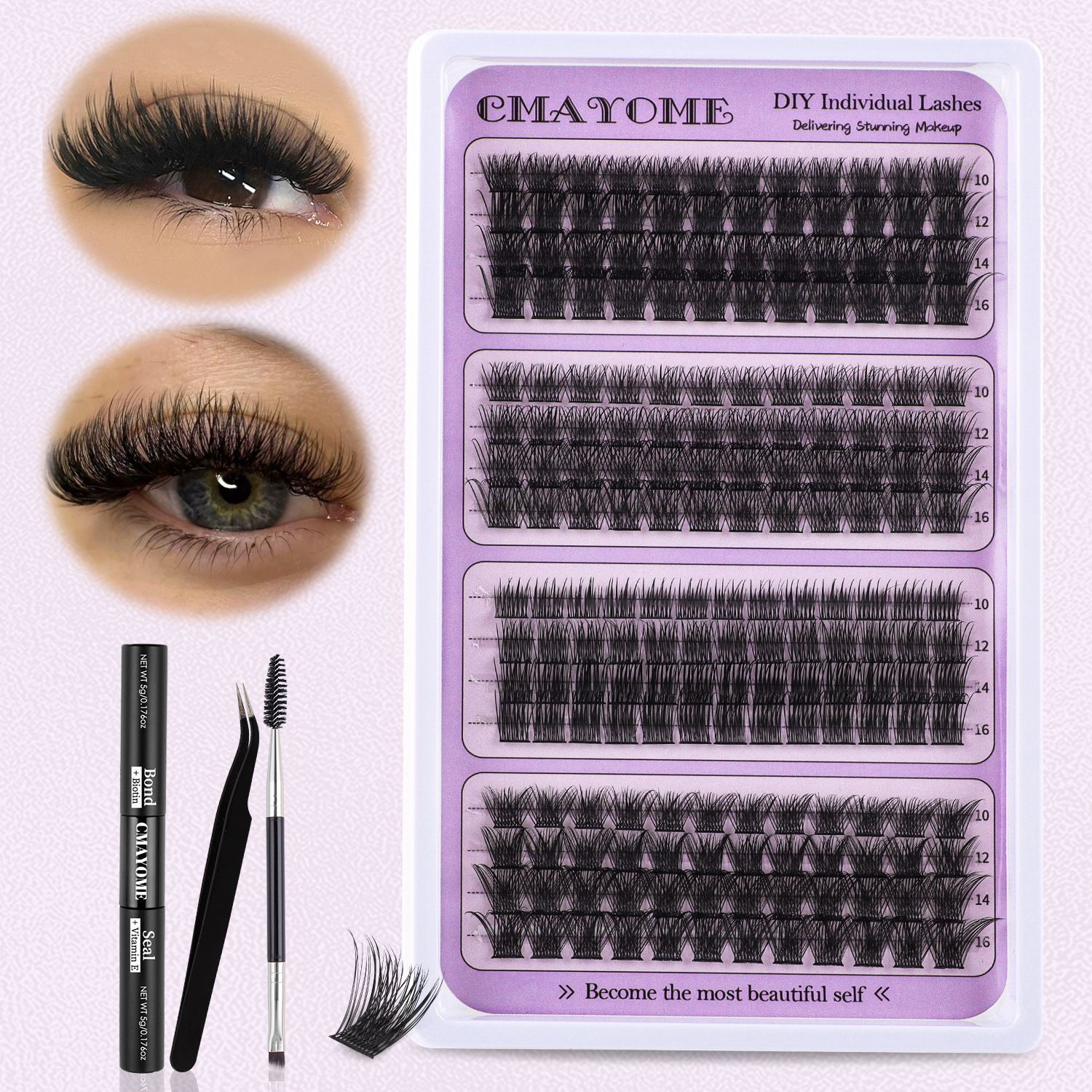 DIY Eyelash Extension Kit 3 Style Curl Fluffy Wispy Lash Clusters Individual Lashes Lash Extension Kit with Lash Bond and Seal Applicator Tool D Curl Lash Clusters (purple Set)