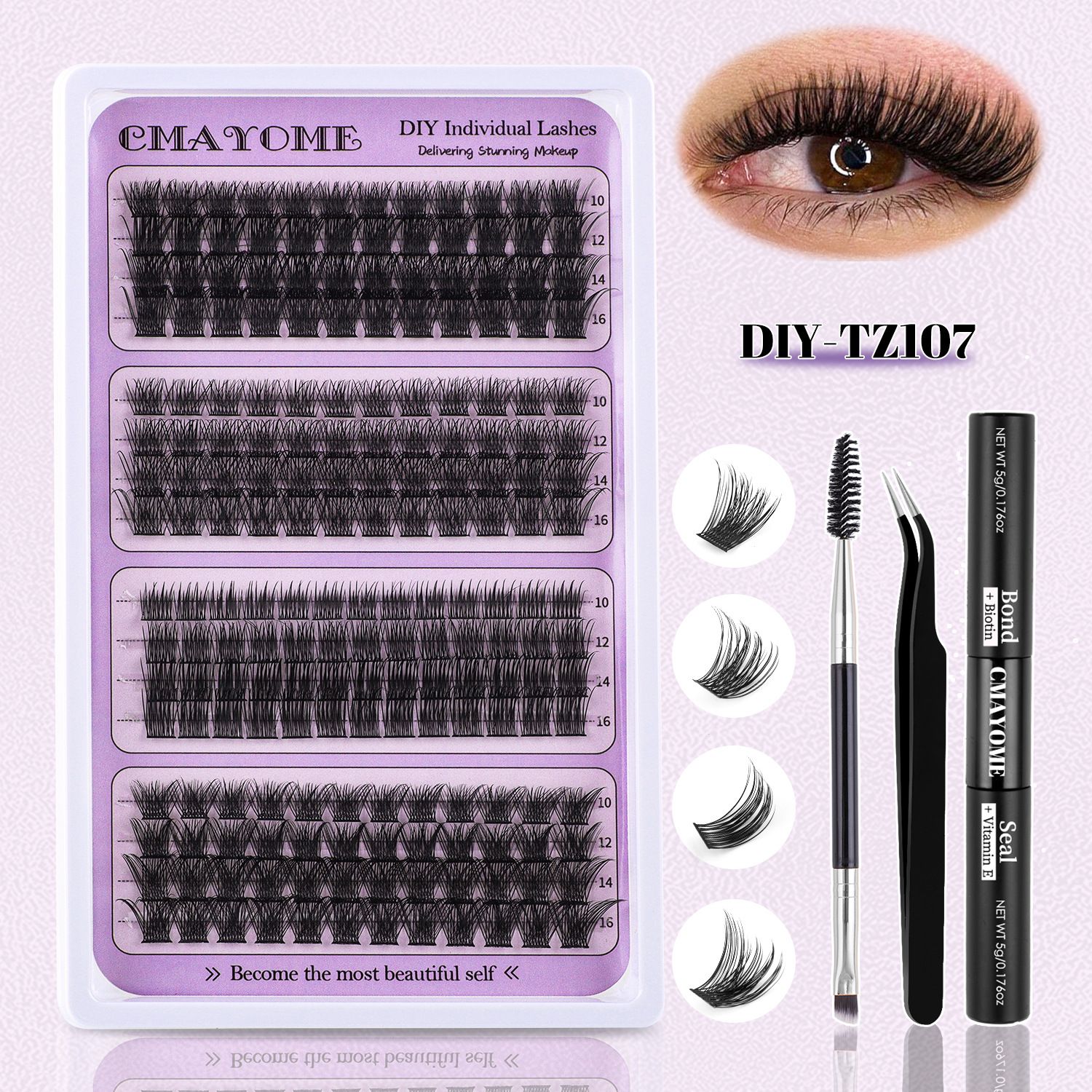 DIY Eyelash Extension Kit 3 Style Curl Fluffy Wispy Lash Clusters Individual Lashes Lash Extension Kit with Lash Bond and Seal Applicator Tool D Curl Lash Clusters (purple Set)