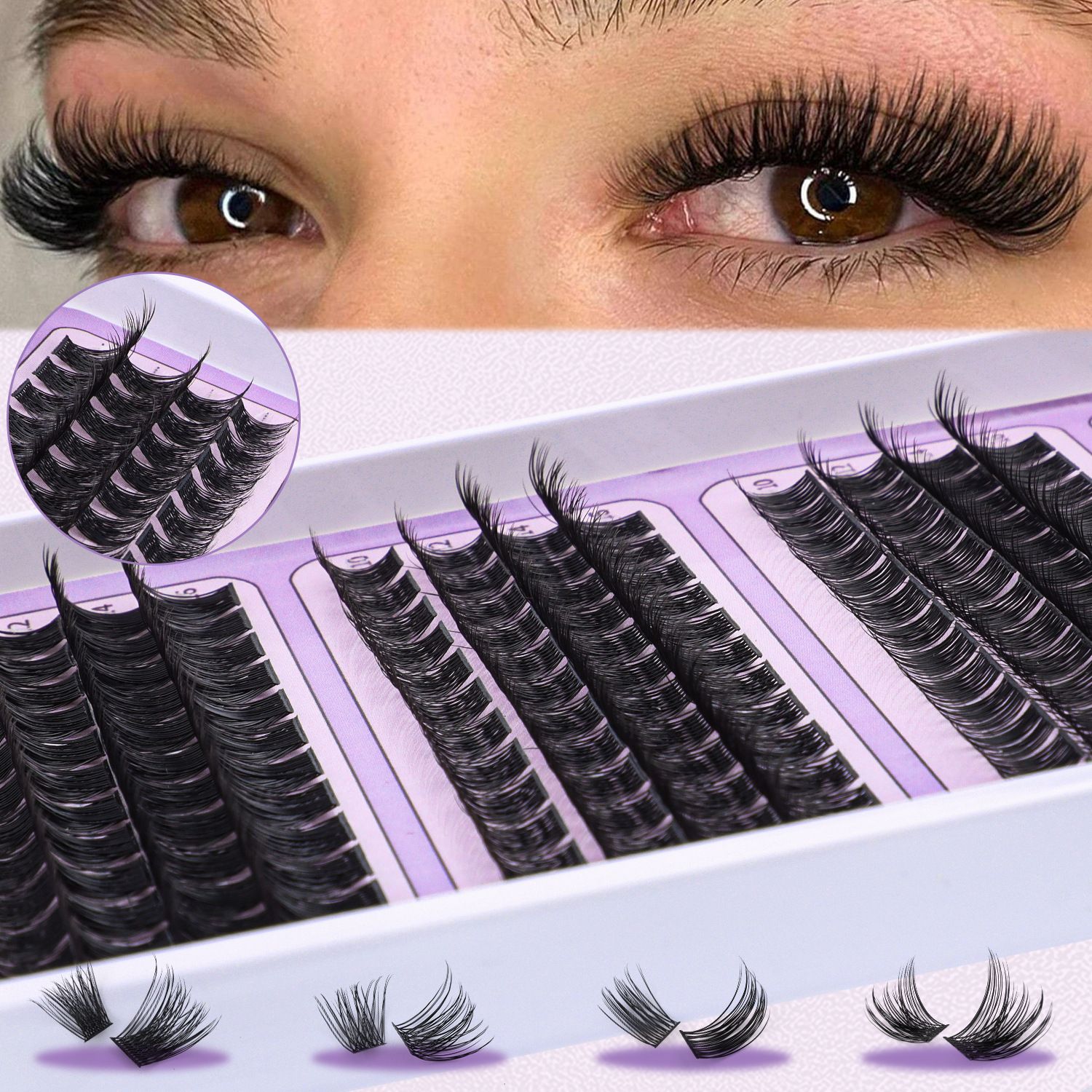 DIY Eyelash Extension Kit 3 Style Curl Fluffy Wispy Lash Clusters Individual Lashes Lash Extension Kit with Lash Bond and Seal Applicator Tool D Curl Lash Clusters (purple Set)