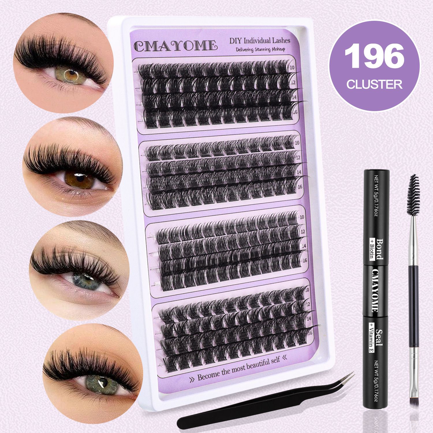 DIY Eyelash Extension Kit 3 Style Curl Fluffy Wispy Lash Clusters Individual Lashes Lash Extension Kit with Lash Bond and Seal Applicator Tool D Curl Lash Clusters (purple Set)
