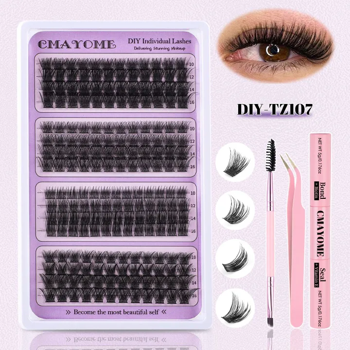 DIY Eyelash Extension Kit 3 Style Curl Fluffy Wispy Lash Clusters Individual Lashes Lash Extension Kit with Lash Bond and Seal Applicator Tool D Curl Lash Clusters (purple Set)