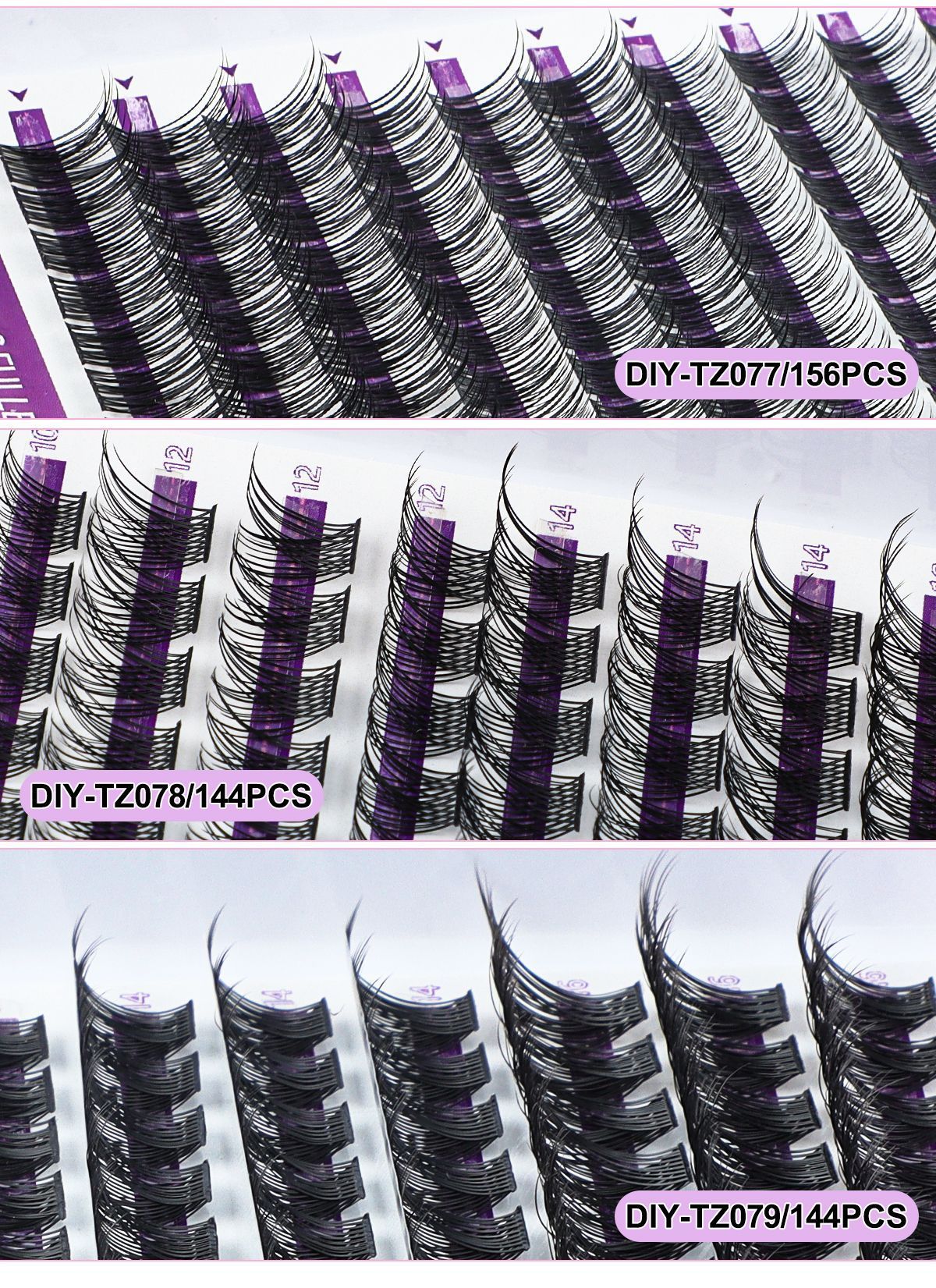DIY Eyelash Extension Kit 3 Style Curl Fluffy Wispy Lash Clusters Individual Lashes Lash Extension Kit with Lash Bond and Seal Applicator Tool D Curl Lash Clusters (purple Set)