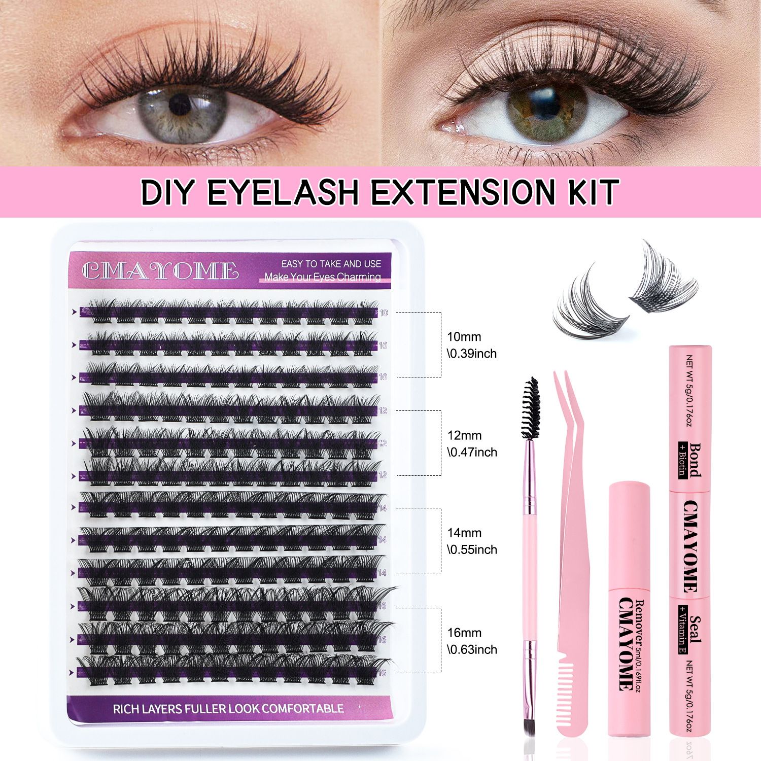 Lash Extension Kit Eyelash Clusters 40D DIY Eyelash Extension Kit Individual Lashes Natural Lash Clusters Kit with Lash Bond and Remover, Lash Tweezers(D-Mix10-16mm Kit)