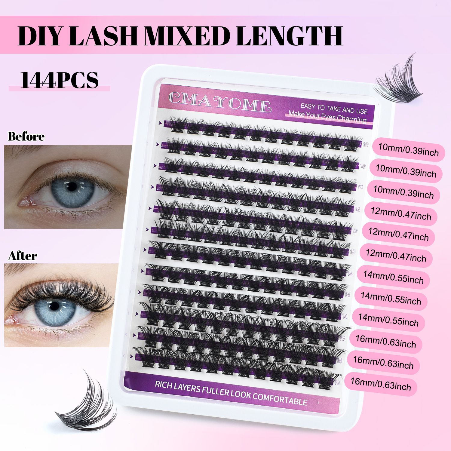 Lash Extension Kit Eyelash Clusters 40D DIY Eyelash Extension Kit Individual Lashes Natural Lash Clusters Kit with Lash Bond and Remover, Lash Tweezers(D-Mix10-16mm Kit)