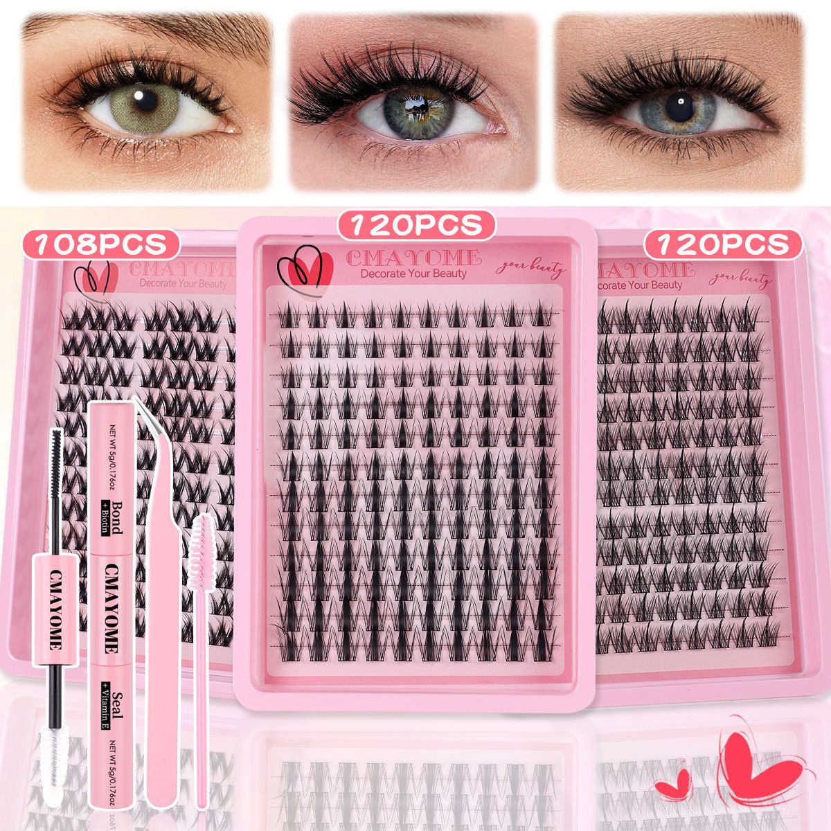 CRAYOME  Lash Clusters Kit Manga Cluster Lashes Natural Look Wispy DIY Lash Extension Kit with Lash Bond and Seal Waterproof 110Pcs 8-16MM Wispy D Curl Individual Lashes Wet-Look Eyelash Extension