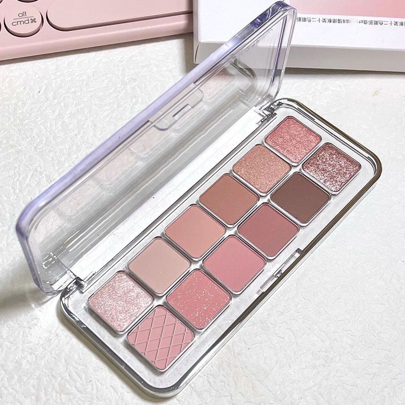 12 Colors Pink Smokey Eyeshadow Palette,Matte Shimmer High Pigmented Blendable Nude Colorful Eye Shadow Palette,Long-Lasting Sparkle Naturing-Looking Eyeshadow Eyeliner Blush Makeup