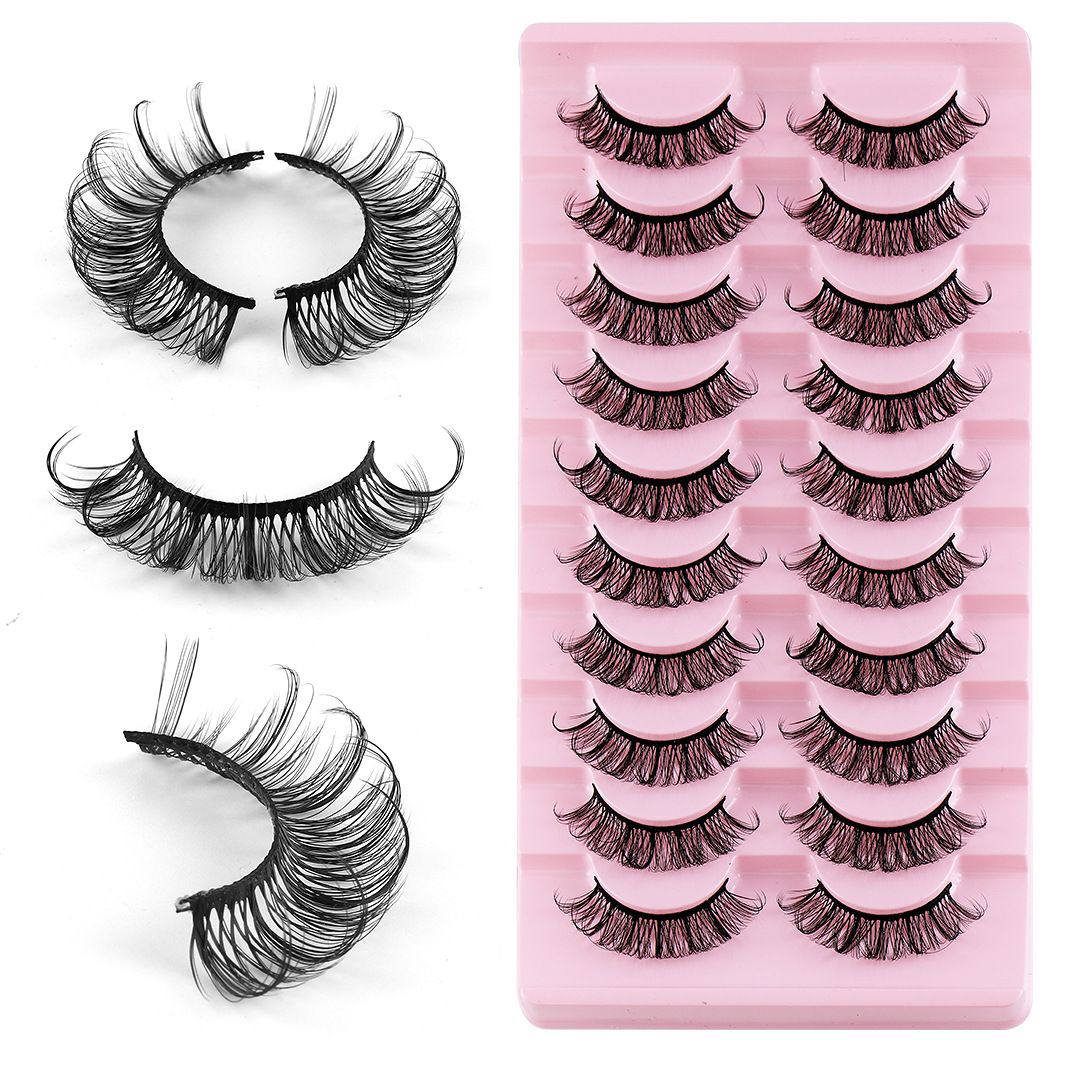 Strip D Curl Lashes, Fluffy 17mm Fake Faux Mink Lashes that Look Like Extensions Curly Volume Wispy Eyelashes Natural Look 10 Pairs Pack