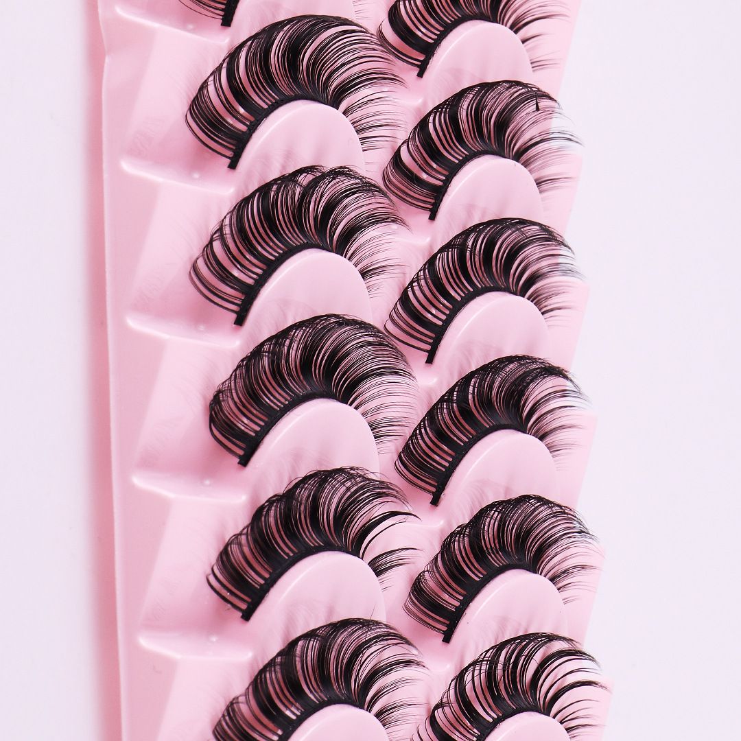 Strip D Curl Lashes, Fluffy 17mm Fake Faux Mink Lashes that Look Like Extensions Curly Volume Wispy Eyelashes Natural Look 10 Pairs Pack