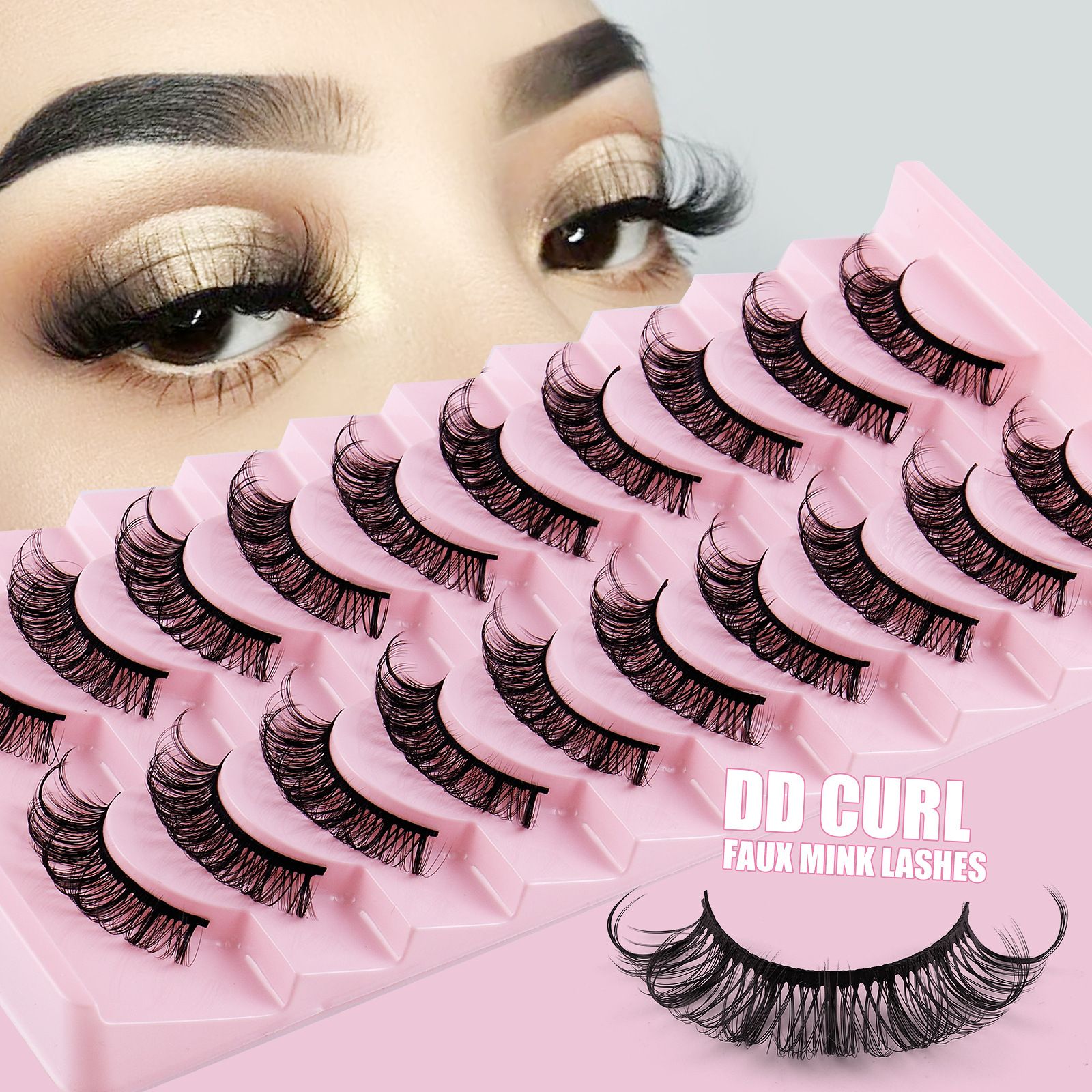 Strip D Curl Lashes, Fluffy 17mm Fake Faux Mink Lashes that Look Like Extensions Curly Volume Wispy Eyelashes Natural Look 10 Pairs Pack