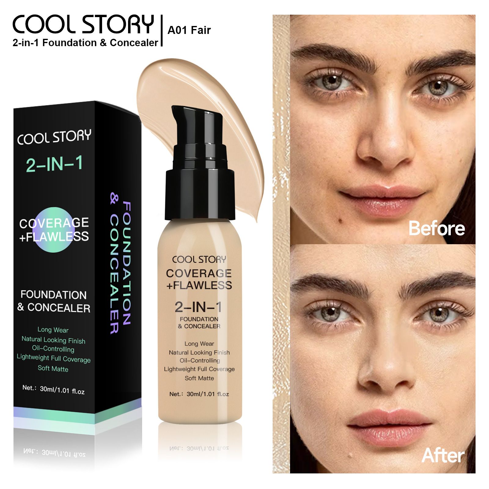 Waterproof Full Coverage Concealer With Primer Sponge Set, Smooth Matte Flawless Creamy Liquid Foundation Corrector Makeup Kit for Face Eye Dark Circles Spot Acne Scar Cover (Dark Natural)