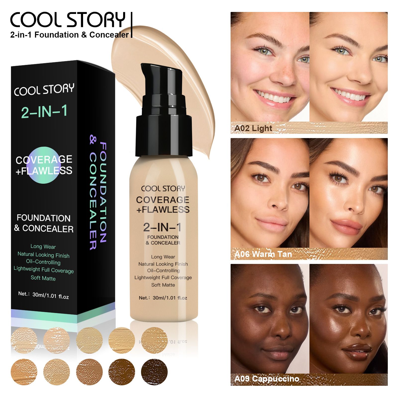 Waterproof Full Coverage Concealer With Primer Sponge Set, Smooth Matte Flawless Creamy Liquid Foundation Corrector Makeup Kit for Face Eye Dark Circles Spot Acne Scar Cover (Dark Natural)