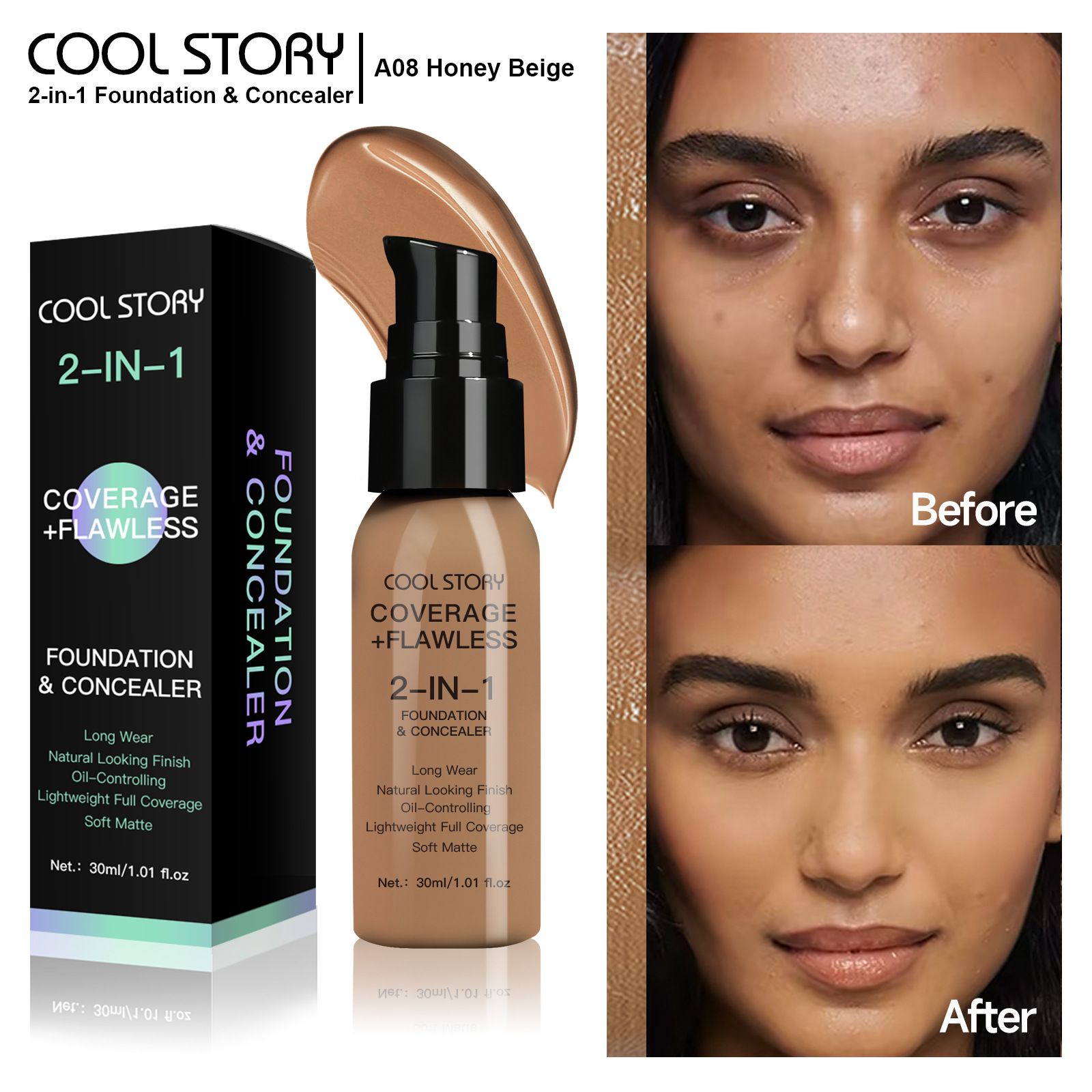 Waterproof Full Coverage Concealer With Primer Sponge Set, Smooth Matte Flawless Creamy Liquid Foundation Corrector Makeup Kit for Face Eye Dark Circles Spot Acne Scar Cover (Dark Natural)
