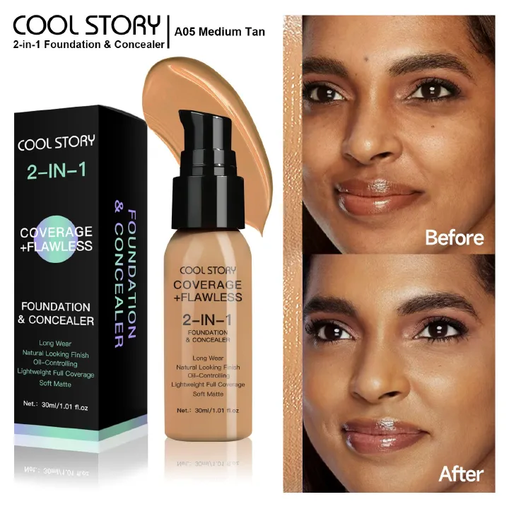 Waterproof Full Coverage Concealer With Primer Sponge Set, Smooth Matte Flawless Creamy Liquid Foundation Corrector Makeup Kit for Face Eye Dark Circles Spot Acne Scar Cover (Dark Natural)