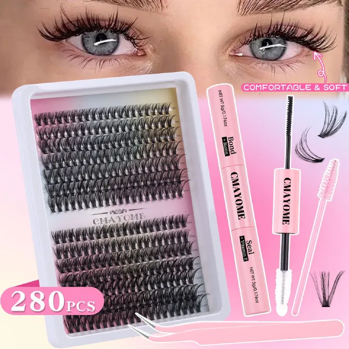 Lash Clusters Kit Wispy Eyelash Clusters DIY 8-16mm Manga Lash Clusters Eyelash Extension Kit 280pcs Individual Lashes Natural Lash Extension Kit with Lash Bond and Seal, Lash Tweezers