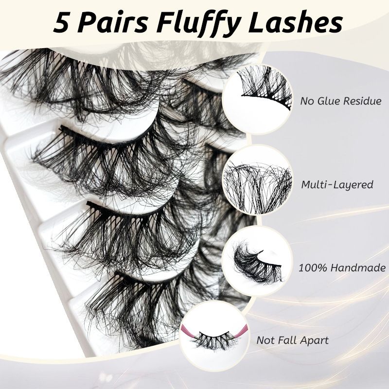 8D False Eyelashes Faux Mink Lashes Full Wispy Fake Eyelash Extension Natural Look Lash Fluffy False Eye Lashes 5 Pairs Long Thick Volume Curly Eyelashes Reusable Eye Lash