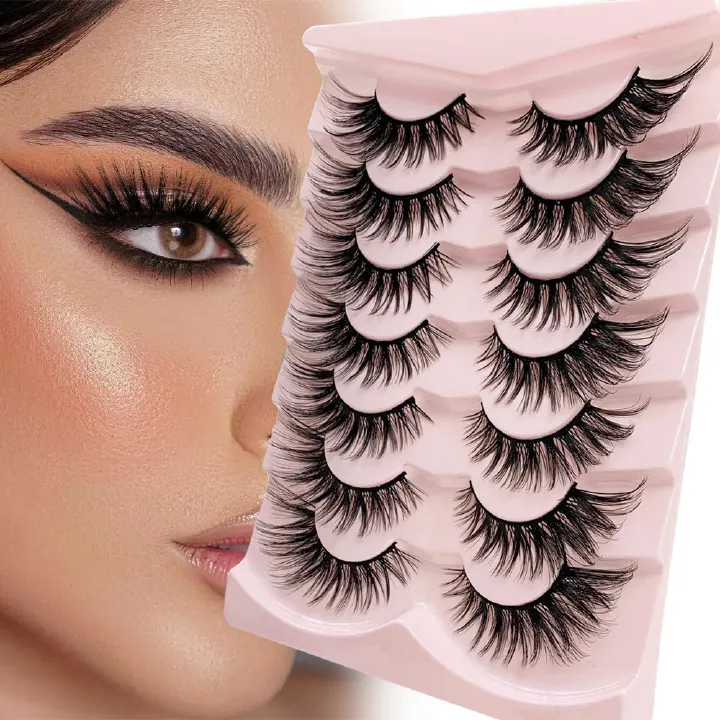 Natural Lashes Wispy False Eyelashes Fake Cat Eye Lashes Pack 7 Pairs Natural Look Lash Strips Fluffy Mink Eyelash Full Strip Lashes ( 8-16MM)