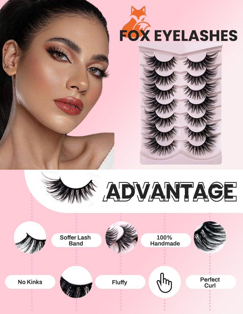 Natural Lashes Wispy False Eyelashes Fake Cat Eye Lashes Pack 7 Pairs Natural Look Lash Strips Fluffy Mink Eyelash Full Strip Lashes ( 8-16MM)
