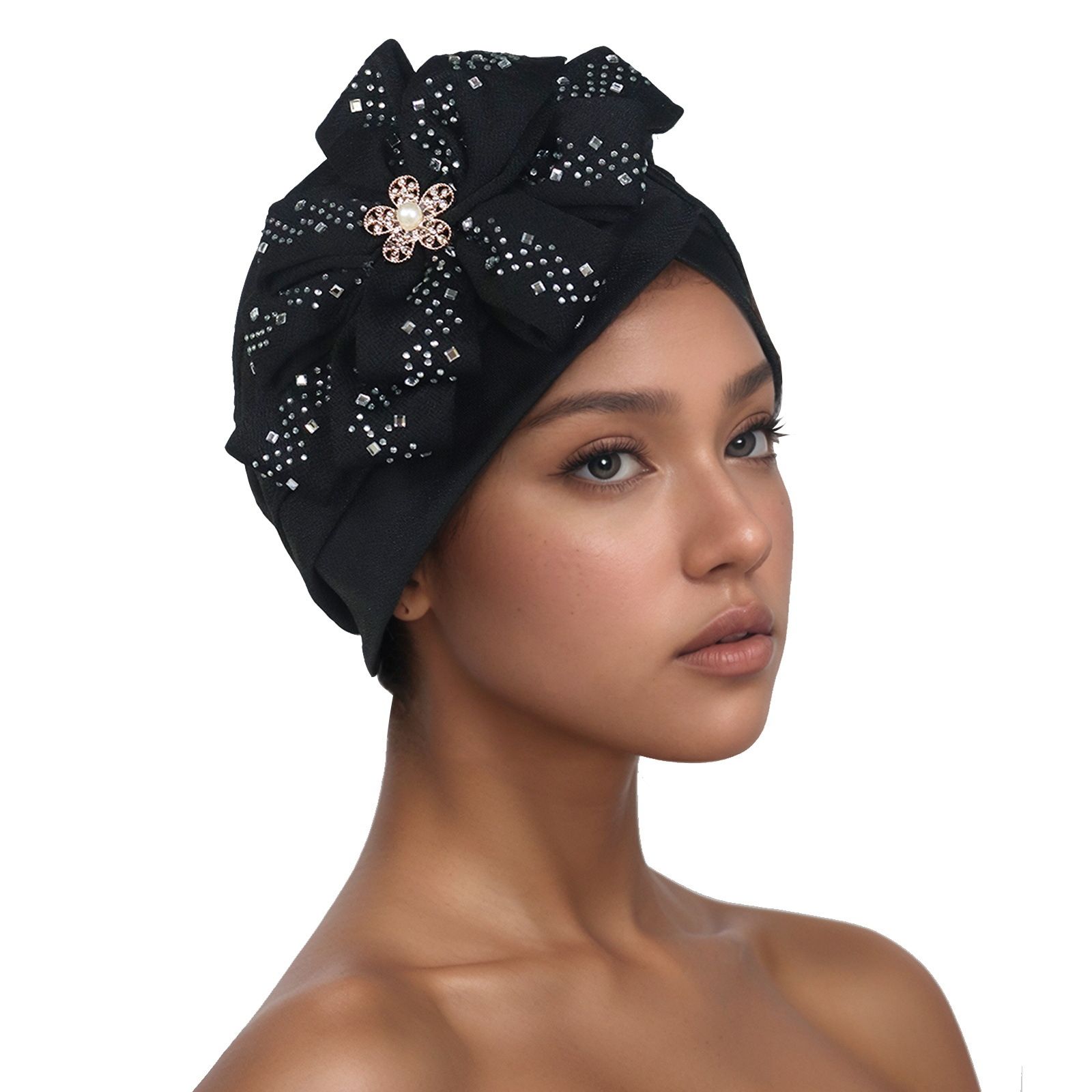 Traditional South American Muslim Black Pulled Watermelon Hat Sticking Diamond Large Flower Leisure Hood Hat 8 colors Turbans for Women African Pre-Tied Head Scarf for Women's Hair bowknot Wraps Cover