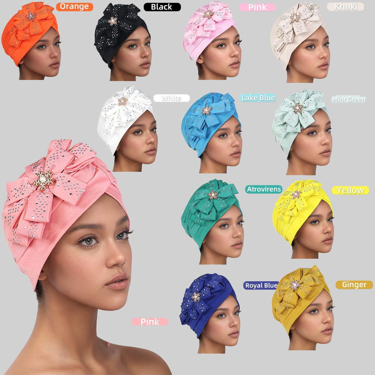 Traditional South American Muslim Black Pulled Watermelon Hat Sticking Diamond Large Flower Leisure Hood Hat 8 colors Turbans for Women African Pre-Tied Head Scarf for Women's Hair bowknot Wraps Cover