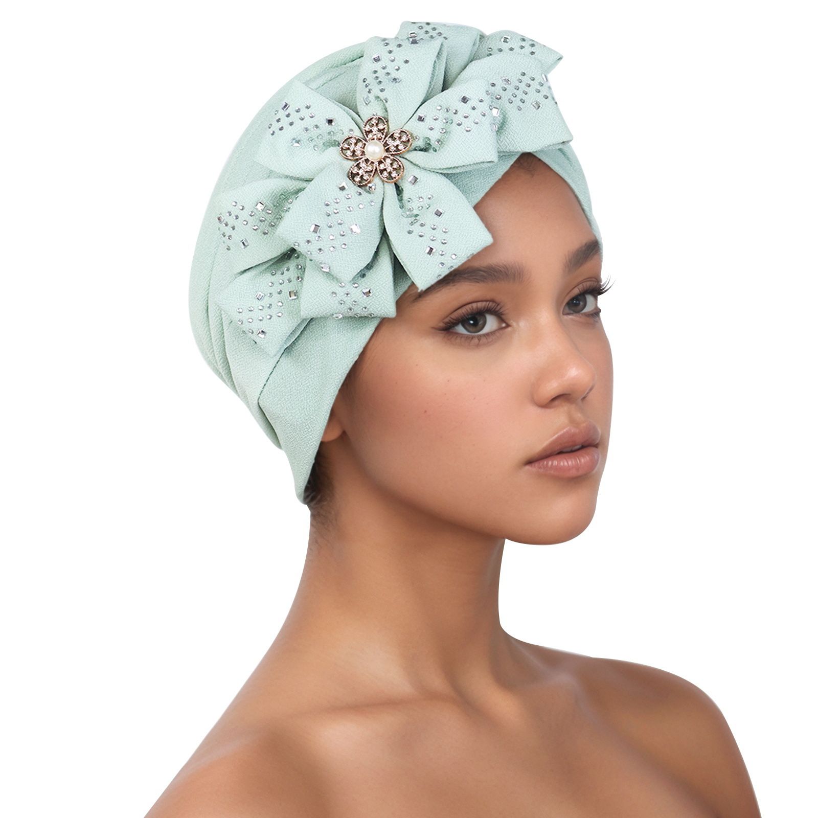 Traditional South American Muslim Black Pulled Watermelon Hat Sticking Diamond Large Flower Leisure Hood Hat 8 colors Turbans for Women African Pre-Tied Head Scarf for Women's Hair bowknot Wraps Cover