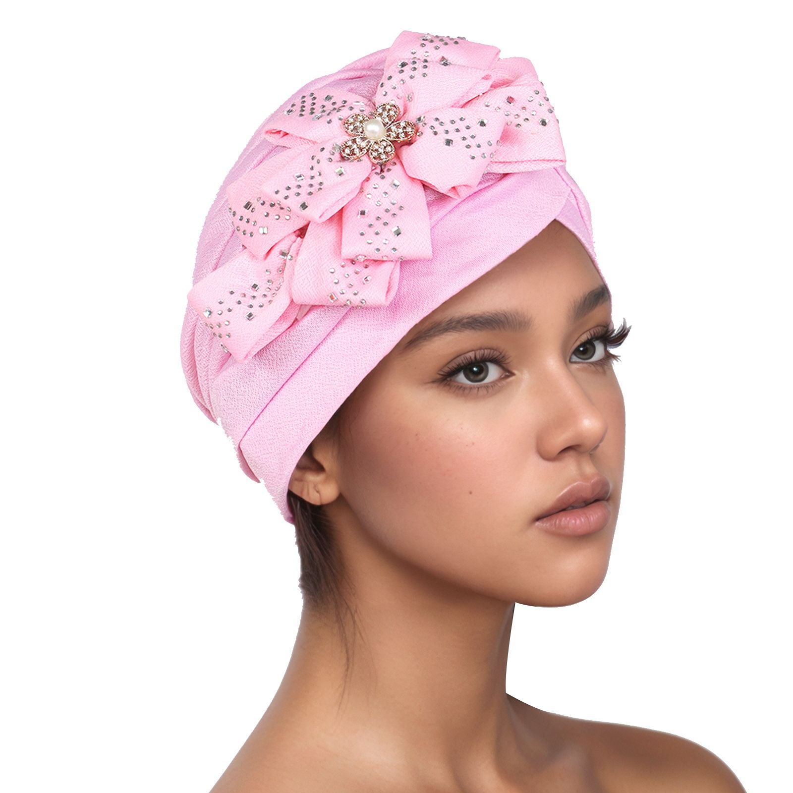 Traditional South American Muslim Black Pulled Watermelon Hat Sticking Diamond Large Flower Leisure Hood Hat 8 colors Turbans for Women African Pre-Tied Head Scarf for Women's Hair bowknot Wraps Cover