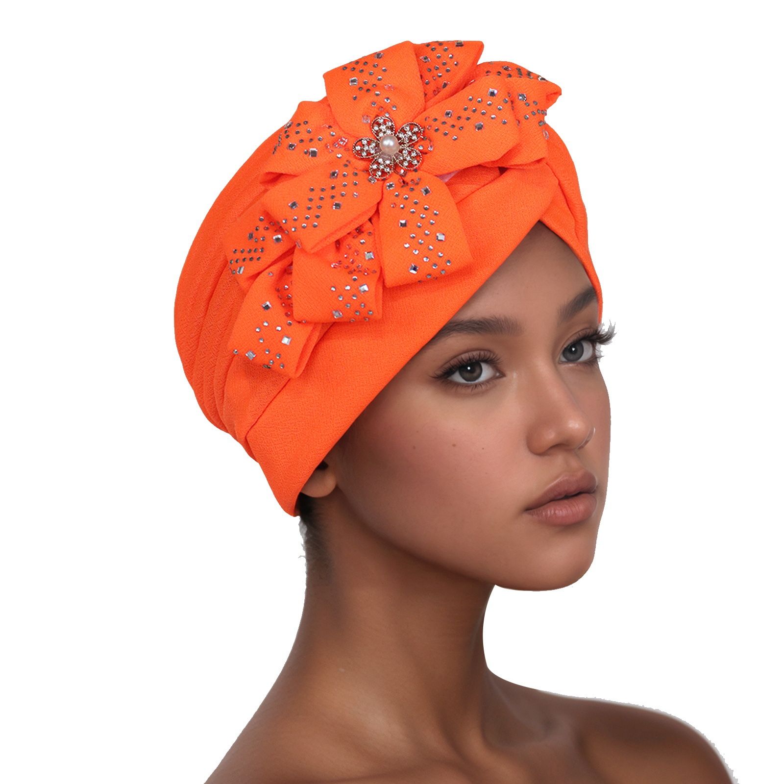Traditional South American Muslim Black Pulled Watermelon Hat Sticking Diamond Large Flower Leisure Hood Hat 8 colors Turbans for Women African Pre-Tied Head Scarf for Women's Hair bowknot Wraps Cover
