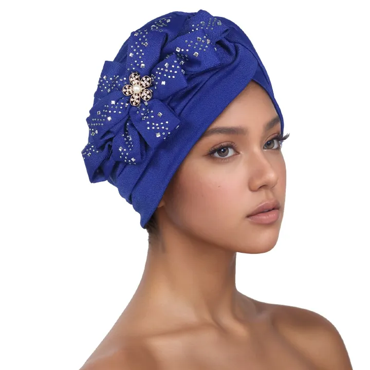 Traditional South American Muslim Black Pulled Watermelon Hat Sticking Diamond Large Flower Leisure Hood Hat 8 colors Turbans for Women African Pre-Tied Head Scarf for Women's Hair bowknot Wraps Cover
