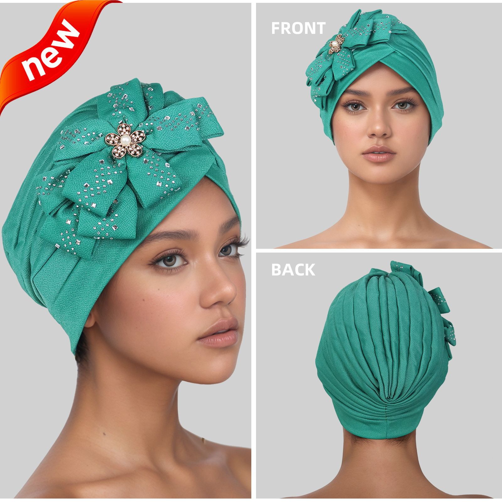 Traditional South American Muslim Black Pulled Watermelon Hat Sticking Diamond Large Flower Leisure Hood Hat 8 colors Turbans for Women African Pre-Tied Head Scarf for Women's Hair bowknot Wraps Cover