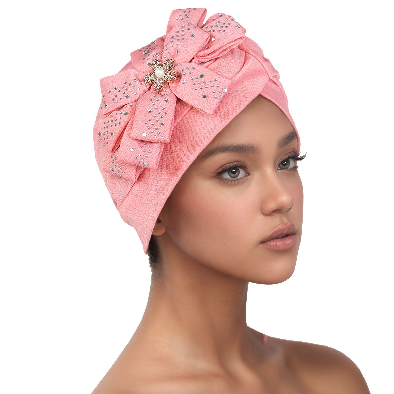 Traditional South American Muslim Black Pulled Watermelon Hat Sticking Diamond Large Flower Leisure Hood Hat 8 colors Turbans for Women African Pre-Tied Head Scarf for Women's Hair bowknot Wraps Cover