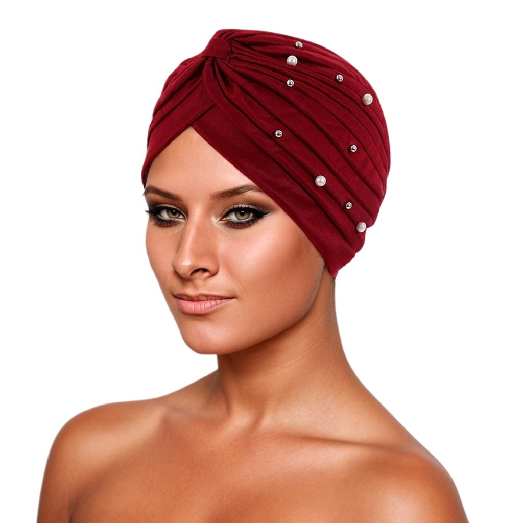 Women Turbans Cap Pre Tied Knot Headwrap Faux Pearl African Head Wrap Beanie Bonnet Hijab Soft Stretch Headscarf Cap