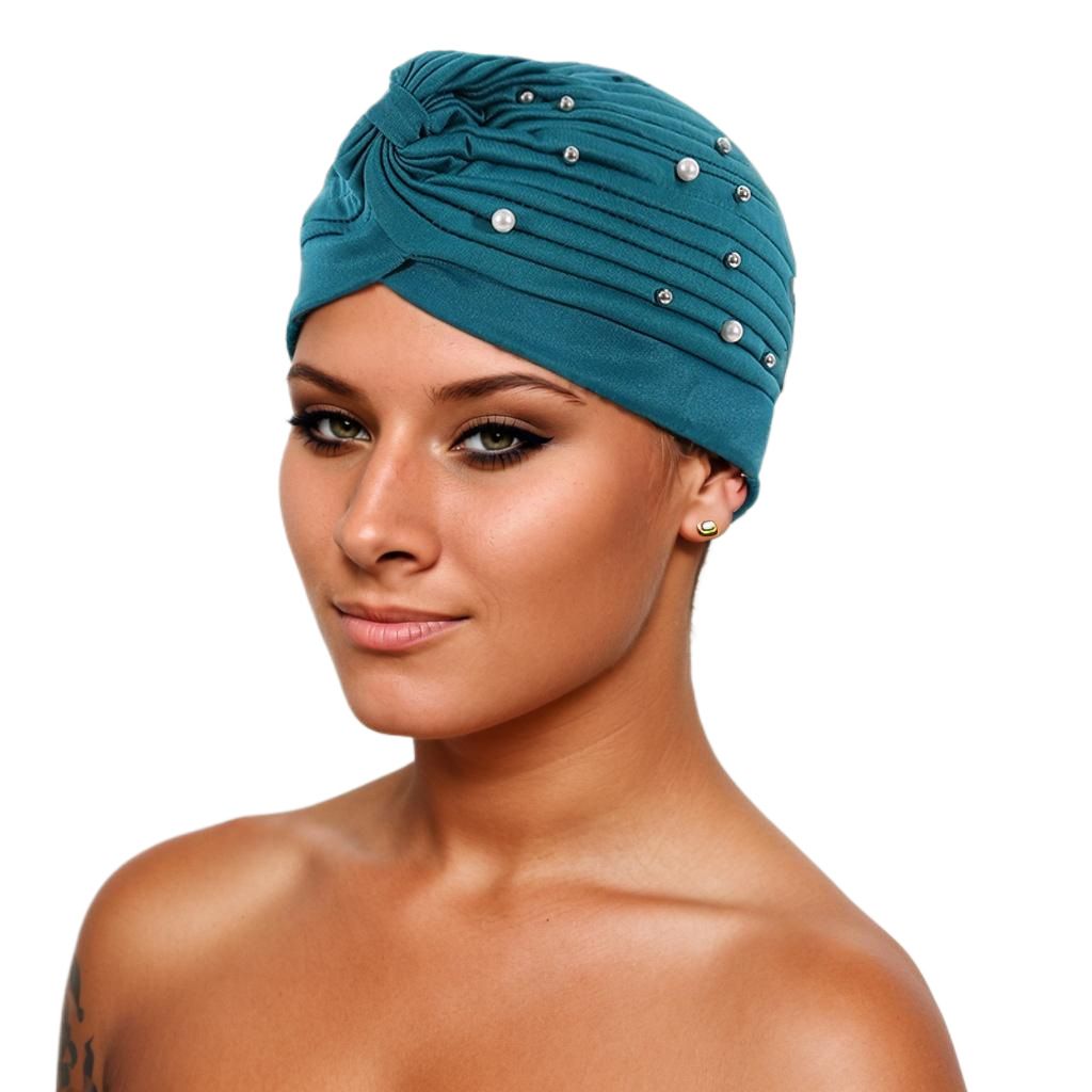 Women Turbans Cap Pre Tied Knot Headwrap Faux Pearl African Head Wrap Beanie Bonnet Hijab Soft Stretch Headscarf Cap