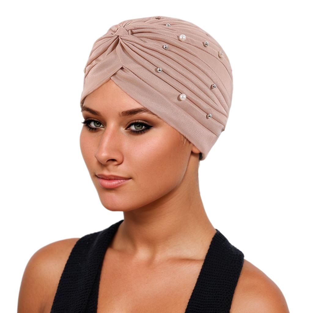 Women Turbans Cap Pre Tied Knot Headwrap Faux Pearl African Head Wrap Beanie Bonnet Hijab Soft Stretch Headscarf Cap