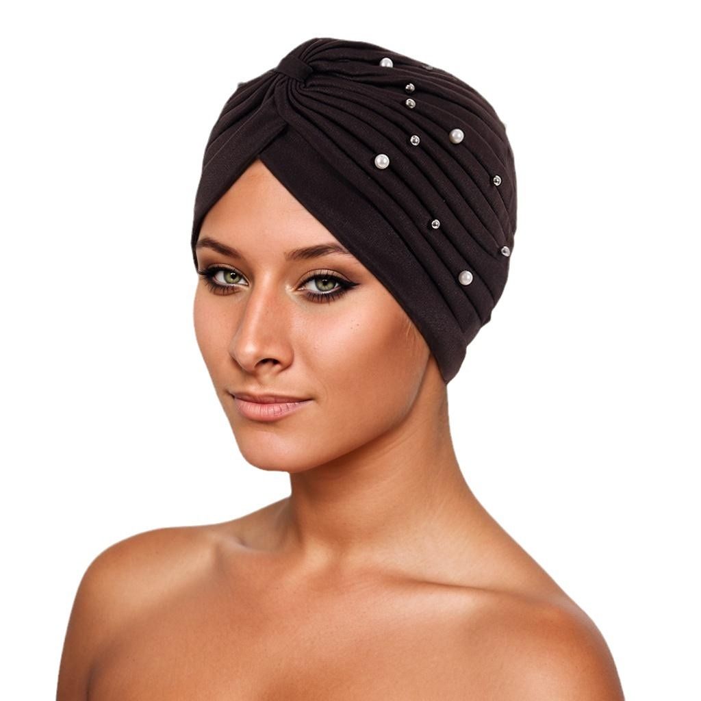 Women Turbans Cap Pre Tied Knot Headwrap Faux Pearl African Head Wrap Beanie Bonnet Hijab Soft Stretch Headscarf Cap