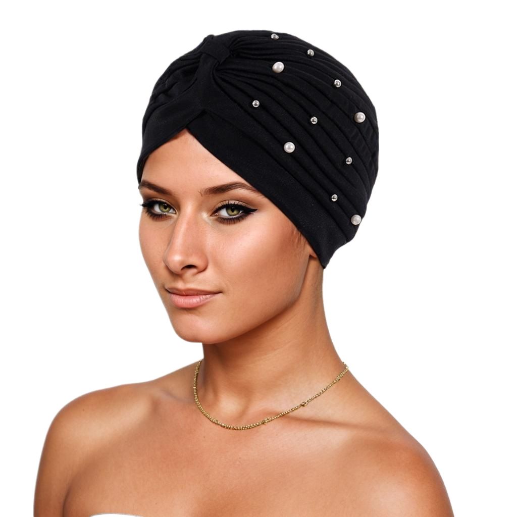 Women Turbans Cap Pre Tied Knot Headwrap Faux Pearl African Head Wrap Beanie Bonnet Hijab Soft Stretch Headscarf Cap