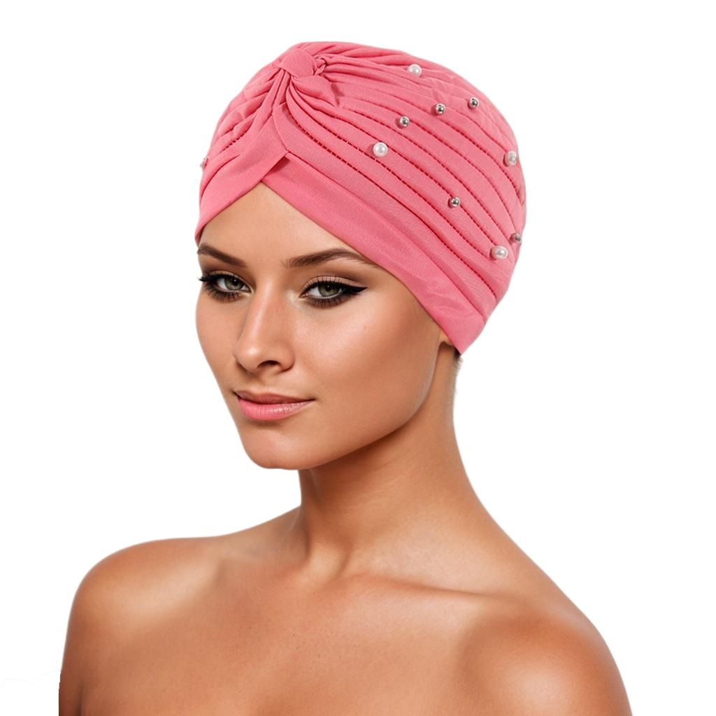 Women Turbans Cap Pre Tied Knot Headwrap Faux Pearl African Head Wrap Beanie Bonnet Hijab Soft Stretch Headscarf Cap
