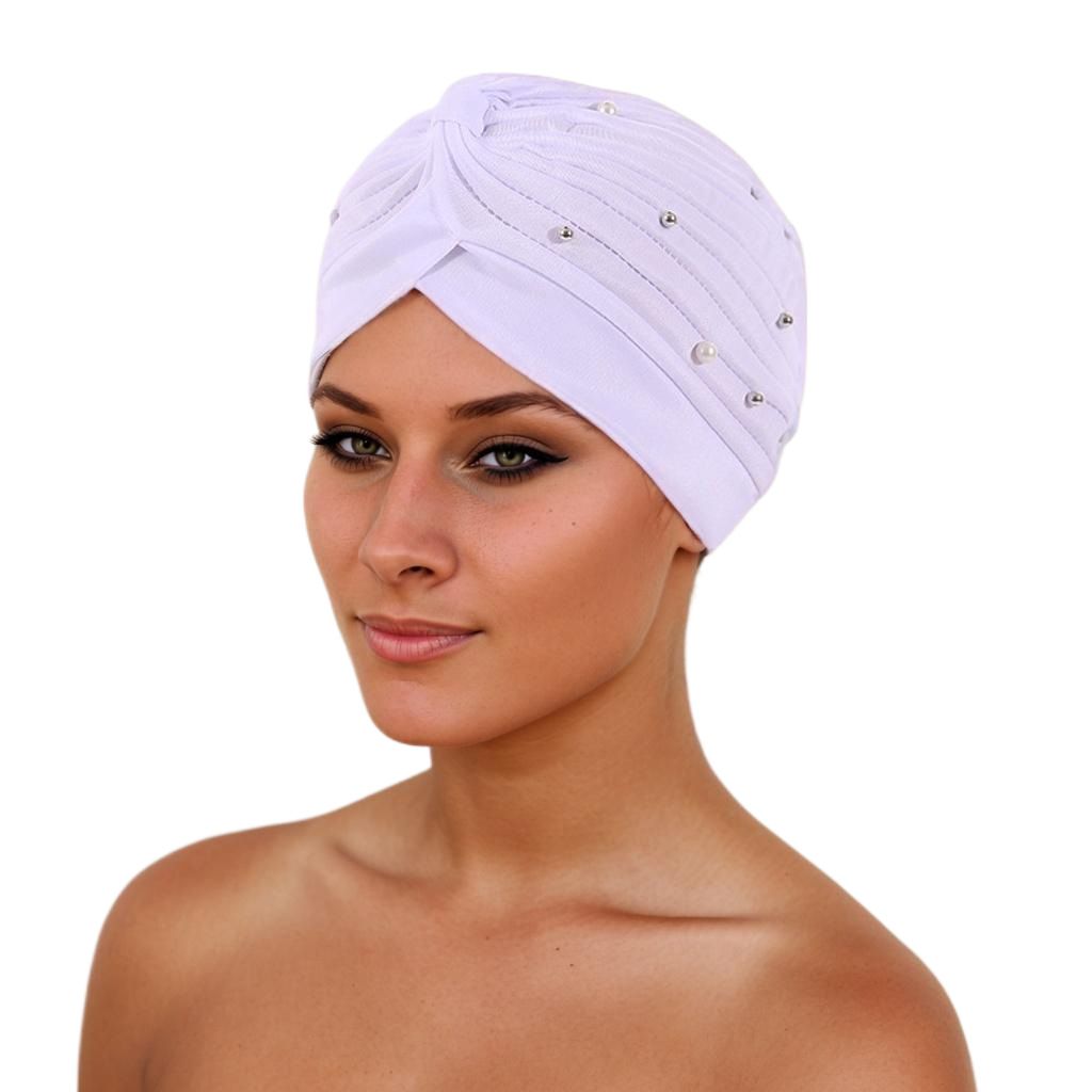 Women Turbans Cap Pre Tied Knot Headwrap Faux Pearl African Head Wrap Beanie Bonnet Hijab Soft Stretch Headscarf Cap