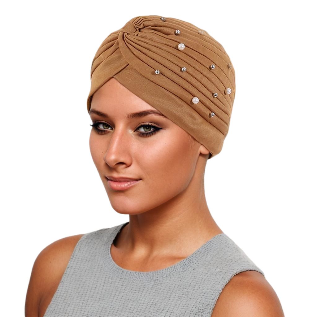 Women Turbans Cap Pre Tied Knot Headwrap Faux Pearl African Head Wrap Beanie Bonnet Hijab Soft Stretch Headscarf Cap