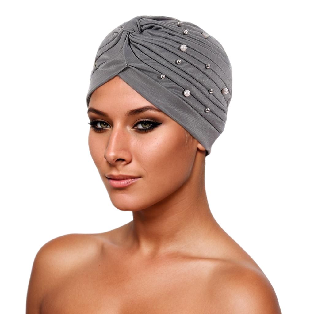 Women Turbans Cap Pre Tied Knot Headwrap Faux Pearl African Head Wrap Beanie Bonnet Hijab Soft Stretch Headscarf Cap