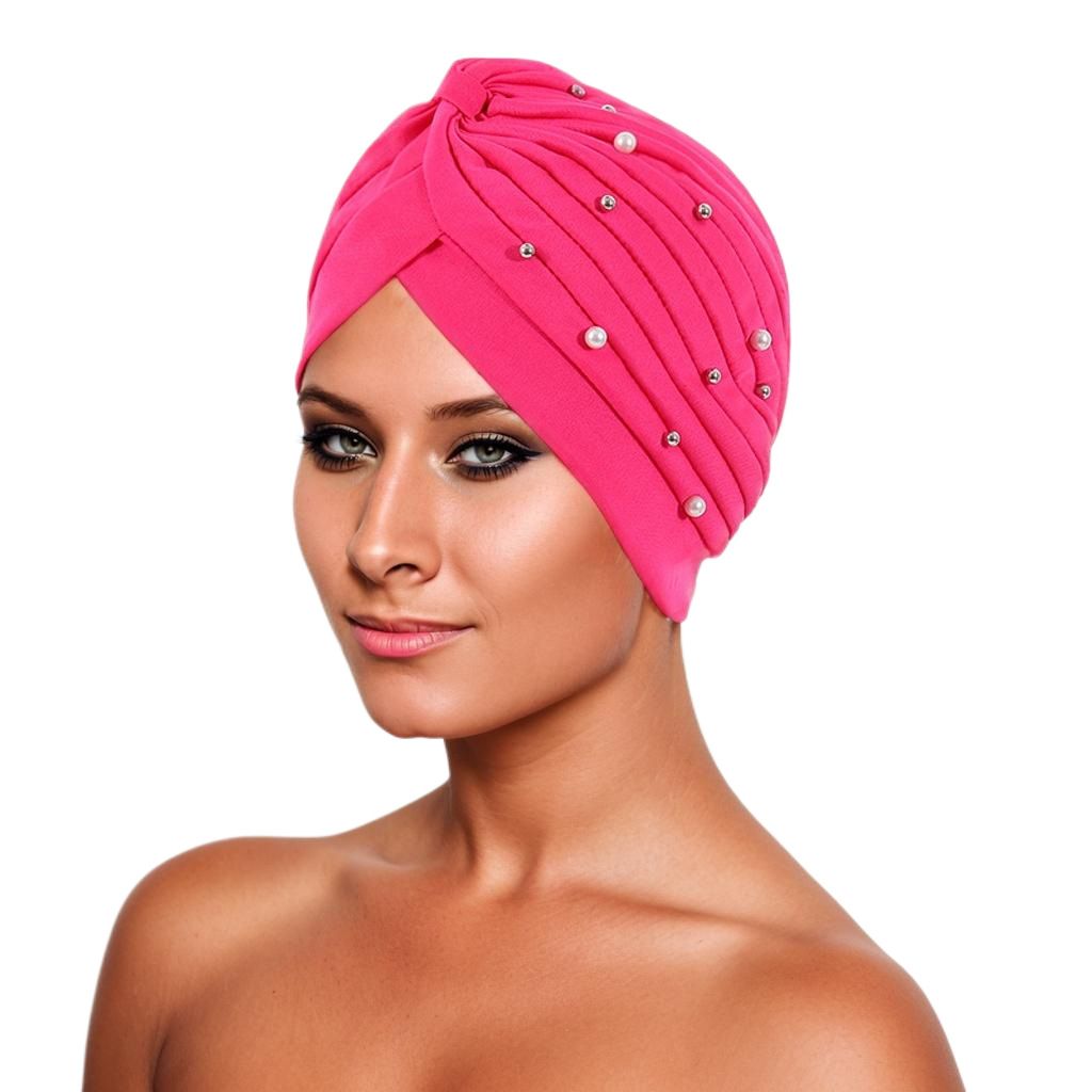 Women Turbans Cap Pre Tied Knot Headwrap Faux Pearl African Head Wrap Beanie Bonnet Hijab Soft Stretch Headscarf Cap