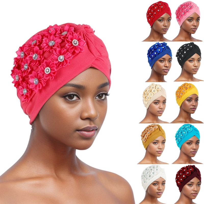 Women Flower Turban HatsAfrican Knotted Beanie Cap - Ruffle Pre Tied Headwrap Caps Chemo Beanies Hijab Headscarf for Cancer Patient Hair Loss