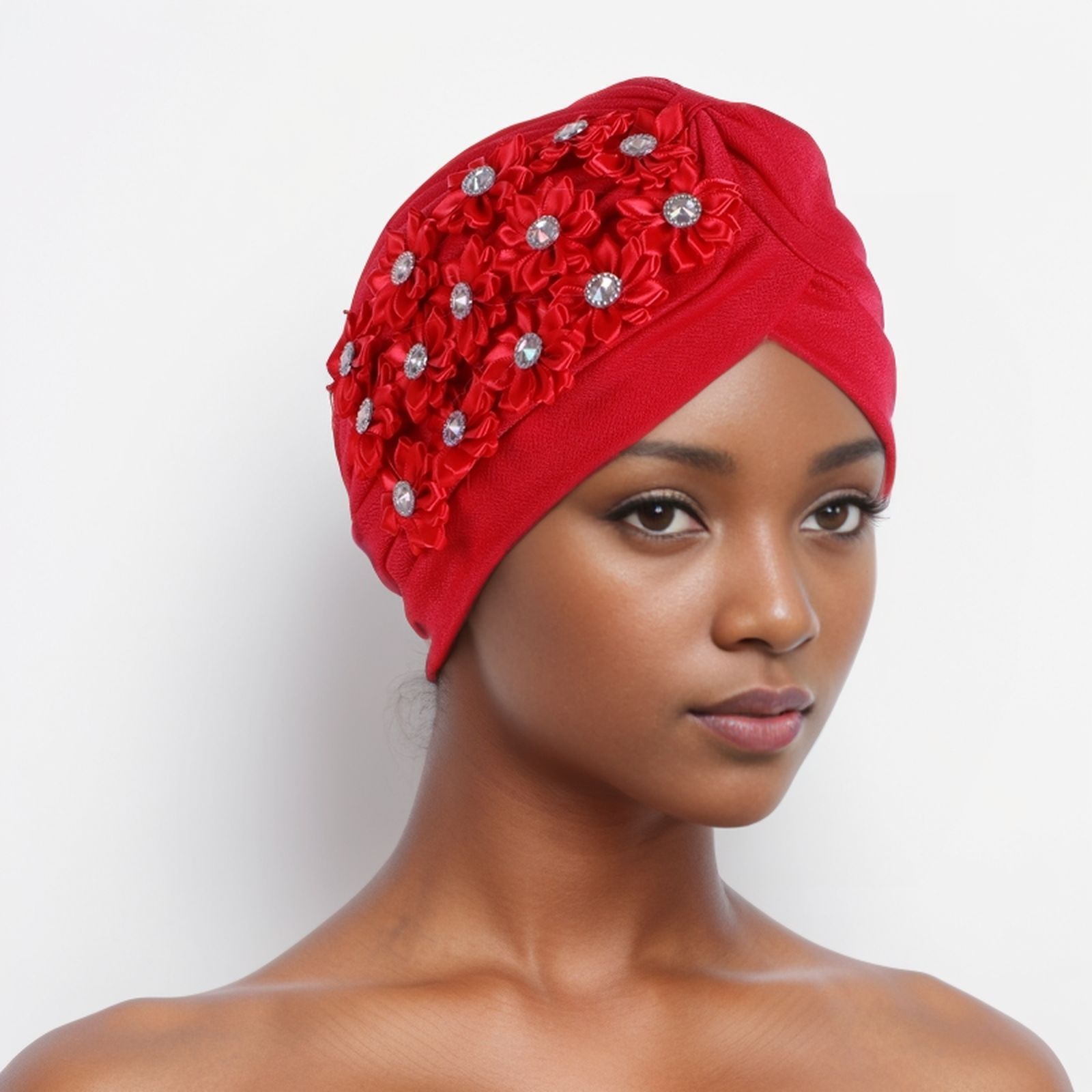 Women Flower Turban HatsAfrican Knotted Beanie Cap - Ruffle Pre Tied Headwrap Caps Chemo Beanies Hijab Headscarf for Cancer Patient Hair Loss